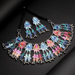 Moedbuille Silver-Plated Stone-Studded Meenakari Afghan Tasselled Tribal Jewellery Set-image-23