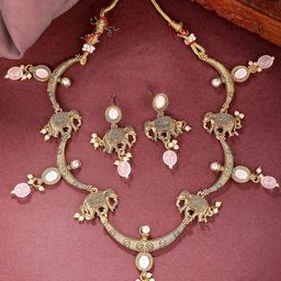 KARATCART Gold Plated Kundan Studded & Beaded Elephant Design Jewellery Set-image-42