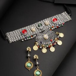Moedbuille Silver Plated Kundan Stones Studded Tribal Tasselled Design Jewellery Set-51