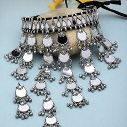 Moedbuille Silver-Plated Mirror & Ghungroo Studded Oxidised Mirror Tribal Jewellery Set-image-28