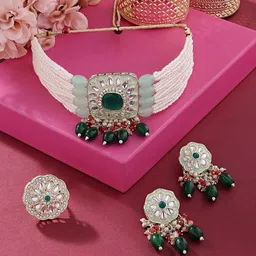Zaveri Pearls Gold-Plated Kundan Studded & Beaded Necklace & Earrings With Ring-image-64