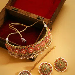 Jazz and Sizzle Gold-Plated Kundan-Studded & Beaded Necklace and Earrings With MaangTikka-4