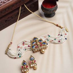 PANASH Gold-Plated Stone Studded & Beaded Necklace And Earrings-7
