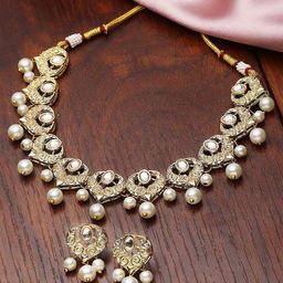 KARATCART Gold-Plated Kundan-Studded & Artificial Pearl Beaded Necklace & Earrings-19