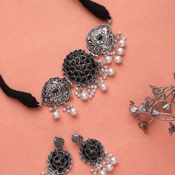 CARDINAL Silver-Toned Black Stone Studded Oxidized Jewellery Set-41