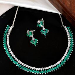 Shoshaa Silver-Plated Green & White Cubic Zirconia Studded Jewellery Set-image-53