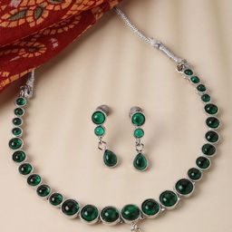 ZENEME Rhodium-Plated Round American Diamond Studded Necklace with Earrings Jewellery Set-26