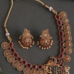OOMPH Gold-Plated Stone Studded & Beaded Peacock Design Necklace and Earrings-image-33
