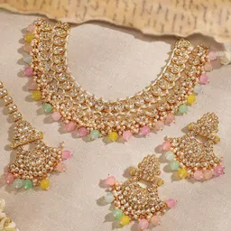 Rubans 22K Gold Plated Kundan Studded Multicolor Pearl Beaded Traditional Jewellery Set-24