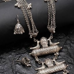Moedbuille Silver-Plated Tasselled Temple Design Oxidised Layered Jewellery Set-60