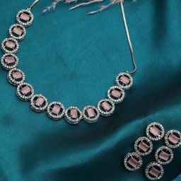 SOHI Women Silver-Plated White & Pink AD-Studded American Diamond Jewellery Set-image-81