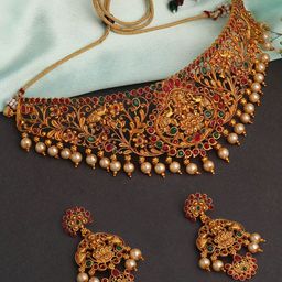 Shining Diva Gold Plated Stones Studded & Pearls Beaded Jewellery Set-image-21