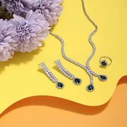 Zaveri Pearls Silver-Plated AD-Studded & Beaded Necklace & Earrings-4