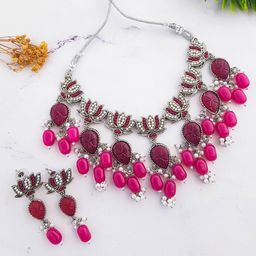 GRIIHAM  Silver Plated Stone Studded & Beaded Jewellery Set-image-12