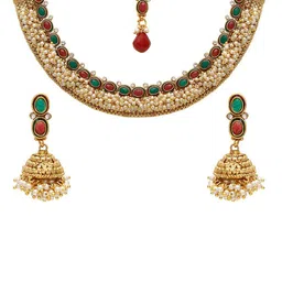 Jewels Galaxy Gold-Plated Red & Green Stone Studded & Beaded Handcrafted Jewellery Set-picture-34