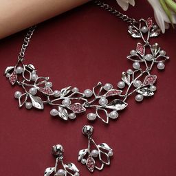 ZENEME Silver-Plated Cubic Zirconia Pearls Studded Leaf Shaped Jewellery Set-58