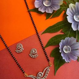 Digital Dress Room Gold-Plated 2 Line Black Beads Mangalsutra With Earrings Set-14
