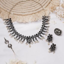 TEEJH Silver-Toned Black Stone Studded Oxidised Jewellery Set-39
