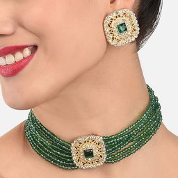 Zaveri Pearls Gold Toned & Green Crystal Beads Jewellery Set-image-74