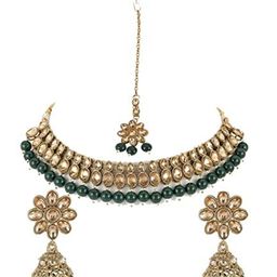 Jazz and Sizzle Gold-Plated Green Kundan & Bead Studded Jewellery Set-image-96