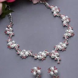 ZENEME Silver-Plated CZ-Studded & Pearls Beaded Jewellery Set-41
