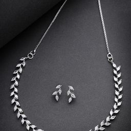 Aazeen Rhodium-Plated Leaf Design AD Studded Jewellery Set-57