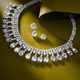 ORANGENYSHA Rhodium-Plated AD-Studded Necklace and Earrings With Finger Ring-image-36