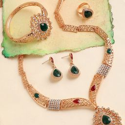 SOHI Gold-Plated Green & White Stone-Studded Jewellery Set-11