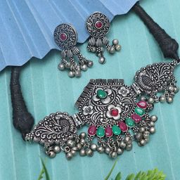 Ozanoo Oxidised Silver-Plated Stone Studded Jewellery Set-image-22