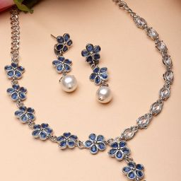 ZENEME Silver-Plated CZ Stone Studded & Beaded Jewellery Set-40