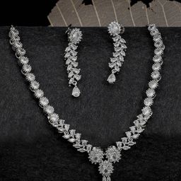 SwaDev Women Silver-Plated AD-Studded Necklace and Earrings-9