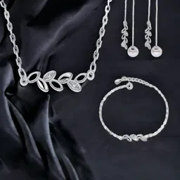 MYKI Silver-Plated Cubic Zirconia Studded Pleasant Leaf Jewellery Set-image-11