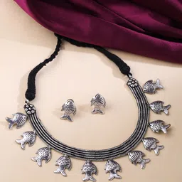 VIRAASI Silver-Plated Oxidised Fish Design Necklace With Earrings-51