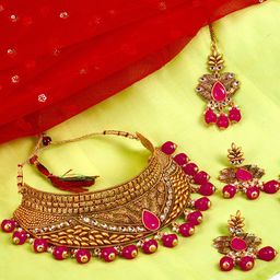 Yellow Chimes Women Gold-Toned & Red Kundan Studded & Beaded Handcrafted Jewellery Set-picture-26