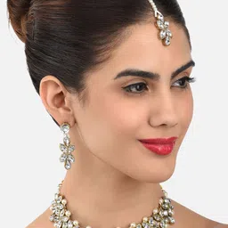 Zaveri Pearls Gold-Plated Stone Studded Pearl Choker Jewellery Set-picture-19