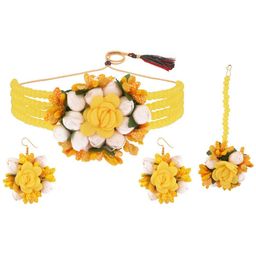 Efulgenz Gold-Plated Yellow Beaded & White Flower Haldi Jewellery Set-59
