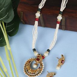 ANIKAS CREATION Gold-Plated Red & White Stone-Studded & Pearl Beaded Jewellery Set-image-63
