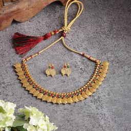 ZENEME Gold-Plated Stone-Studded & Beaded Temple Jewellery Set-46