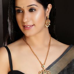 Rubans Women Gold-Plated Green CZ Stone Studded Temple Jewellery Set-21