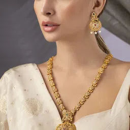 Rubans 24K Gold Plated Ruby & Emerald Stone Studded Temple Necklace Set with Pearl Beaded-picture-18