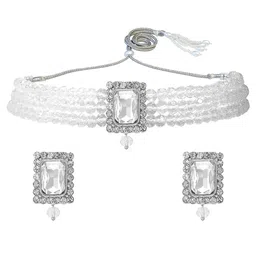 I Jewels Rhodium-Plated Silver-Toned & White Stones Studded & Beaded Jewellery Set-picture-38