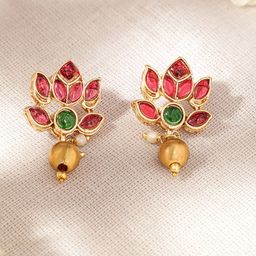 Rubans 22K Gold-Plated Lotus Motif Ruby and Emerald Studded Jewellery Set image 5