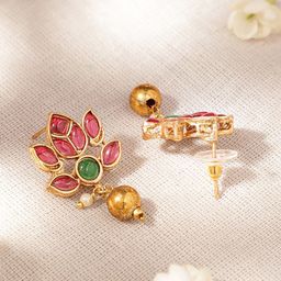 Rubans 22K Gold-Plated Lotus Motif Ruby and Emerald Studded Jewellery Set image 2