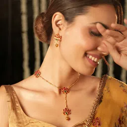 Rubans 22K Gold-Plated Lotus Motif Ruby and Emerald Studded Jewellery Set image 4