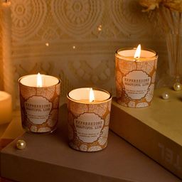 TAYHAA Mustard & white 3 Pieces Printed Cylindrical Aroma Fusion Candles-11
