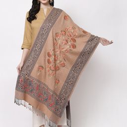KLOTTHE Women Beige & Orange Embroidered Wool Stole-picture-41