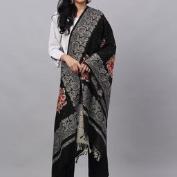 KLOTTHE Women Black & White Embroidered Woolen Stole-16