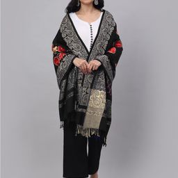 KLOTTHE Women Black & Coral Embroidered Woolen Stole-image-80