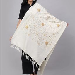 KLOTTHE Women White & Gold-Toned Embroidered Woolen Stole-picture-40
