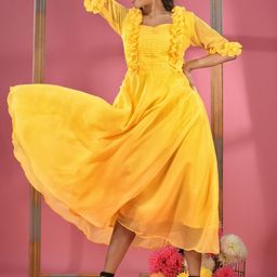 Charukriti Sweetheart Neck Georgette Fit & Flared Dress With Ruffles-image-32